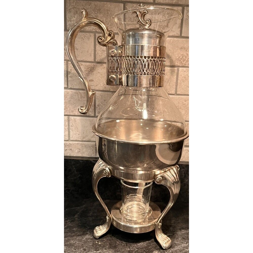 VINTAGE FB ROGERS GLASS & SILVER PLATED COFFEE CARAFE W/ WARMING STAND